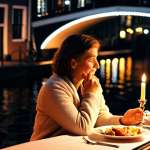 **

`Romantic candlelight dinner on a canal boat in Amsterdam at night. Soft lighting, reflections on the water, close-up of a couple enjoying a meal. Focus on the intimate atmosphere.`

**
