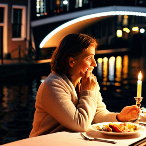 Home 11 **
`Romantic candlelight dinner on a canal boat in Amsterdam at night. Soft lighting, reflections on the water, close-up of a couple enjoying a meal. Focus on the intimate atmosphere.`
**