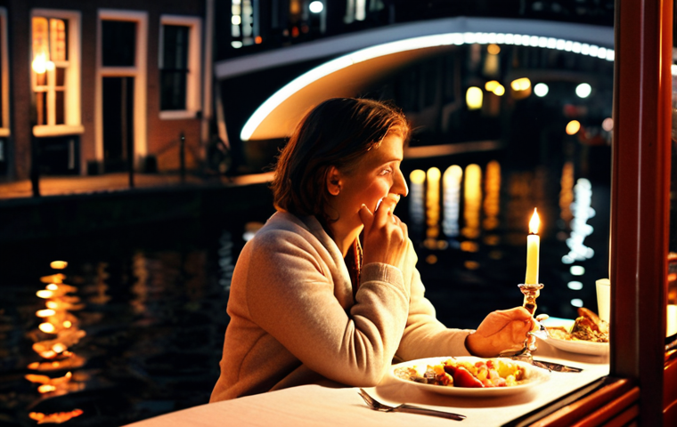 **
`Romantic candlelight dinner on a canal boat in Amsterdam at night. Soft lighting, reflections on the water, close-up of a couple enjoying a meal. Focus on the intimate atmosphere.`
**