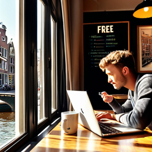 Home 6 **A cozy Amsterdam cafe interior. A person sips a "koffie verkeerd" while working on a laptop. Sunlight streams in, highlighting the canal view outside. The cafe has a "Free Wi-Fi" sign.**