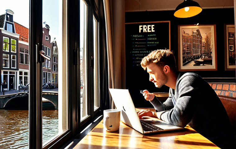 **A cozy Amsterdam cafe interior. A person sips a "koffie verkeerd" while working on a laptop. Sunlight streams in, highlighting the canal view outside. The cafe has a "Free Wi-Fi" sign.**