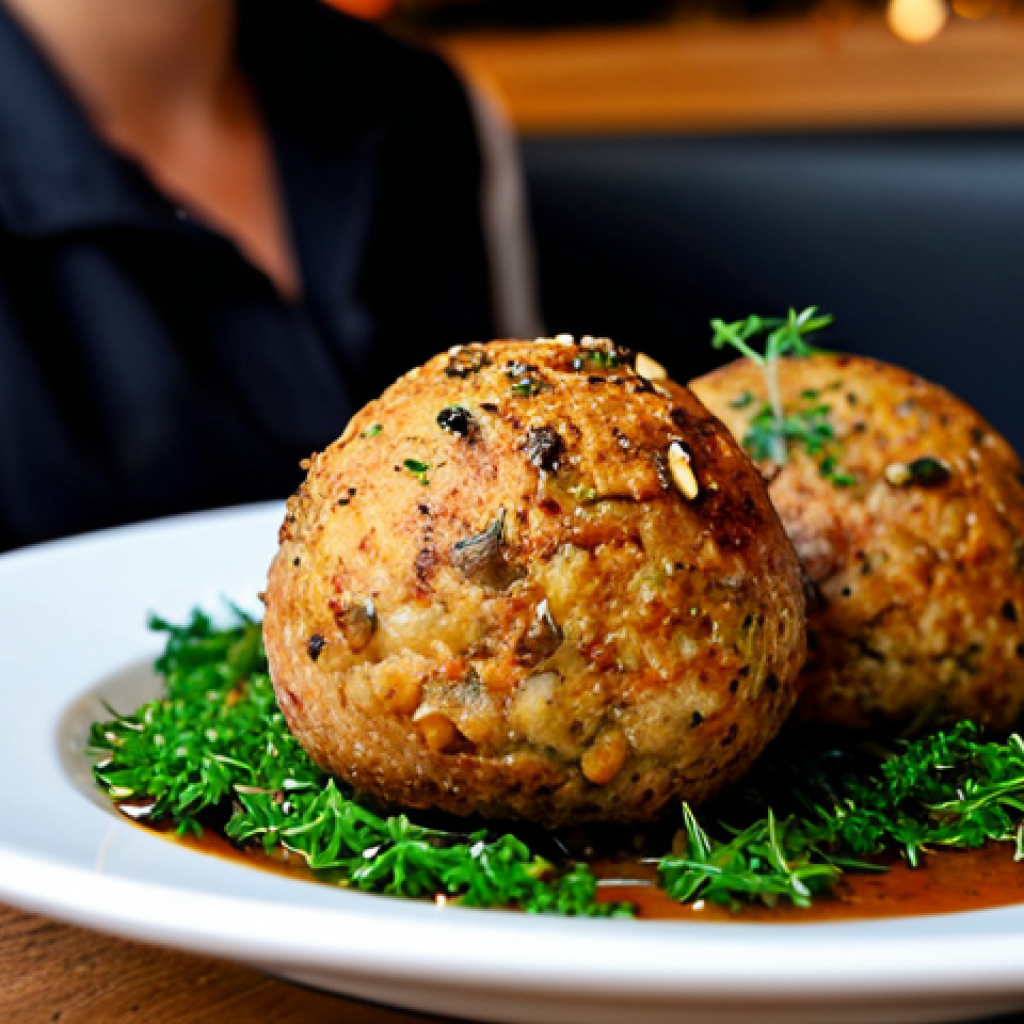 Modern Vegetarian Bitterballen**

"A close-up shot of vegetarian bitterballen filled with wild mushrooms and thyme, served in a trendy Amsterdam cafe, fully clothed patrons in the background, professional food photography, safe for work, appropriate content, perfect anatomy (of the food!), natural proportions, high resolution, well-formed bitterballen, modest presentation, family-friendly."

**