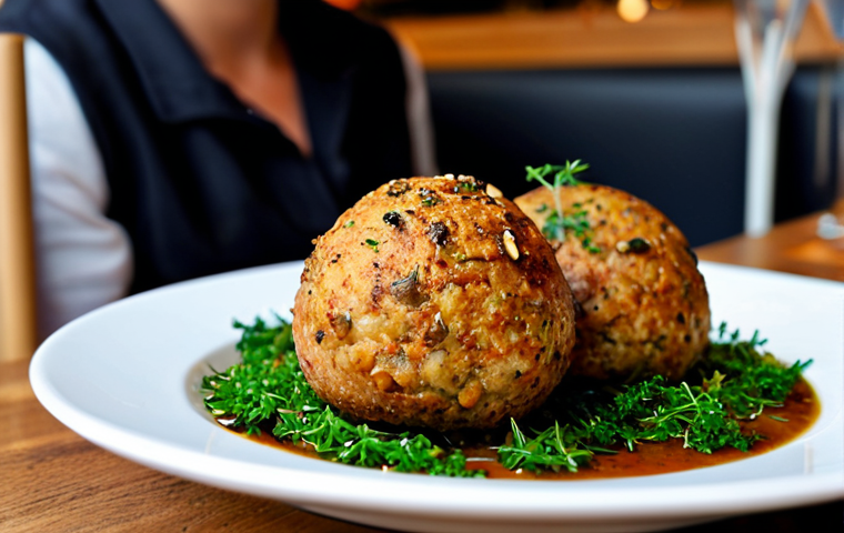Modern Vegetarian Bitterballen**

"A close-up shot of vegetarian bitterballen filled with wild mushrooms and thyme, served in a trendy Amsterdam cafe, fully clothed patrons in the background, professional food photography, safe for work, appropriate content, perfect anatomy (of the food!), natural proportions, high resolution, well-formed bitterballen, modest presentation, family-friendly."

**