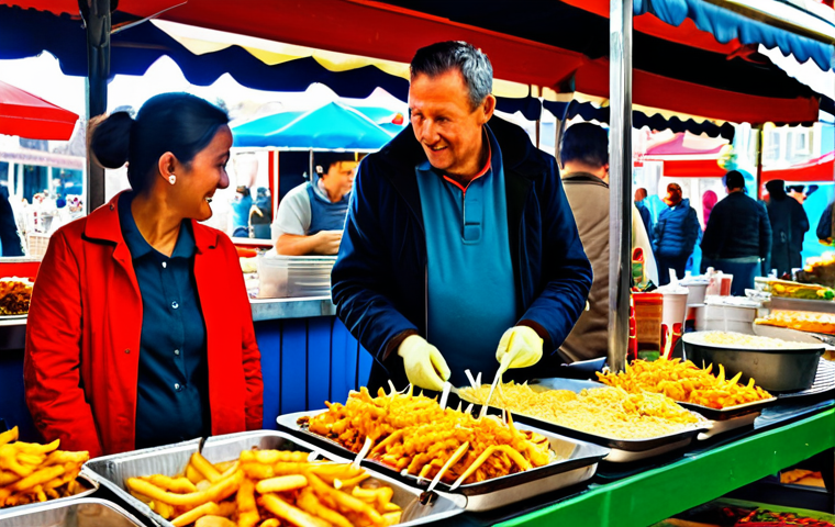 **Image Prompt:** "A bustling Dutch market scene, vibrant colors, vendor selling 'patatje oorlog' (fries with mayonnaise, satay sauce, and onions), fully clothed people enjoying the food, appropriate attire, safe for work, family-friendly atmosphere, perfect anatomy, natural proportions, professional food photography, high quality, sunny day."