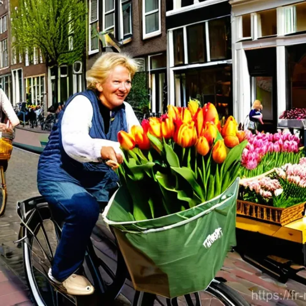 네덜란드에서 꽃을 저렴하게 구매하는 법 - **Prompt:** A vibrant, bustling outdoor flower market in a picturesque Dutch city like Utrecht or Ha...