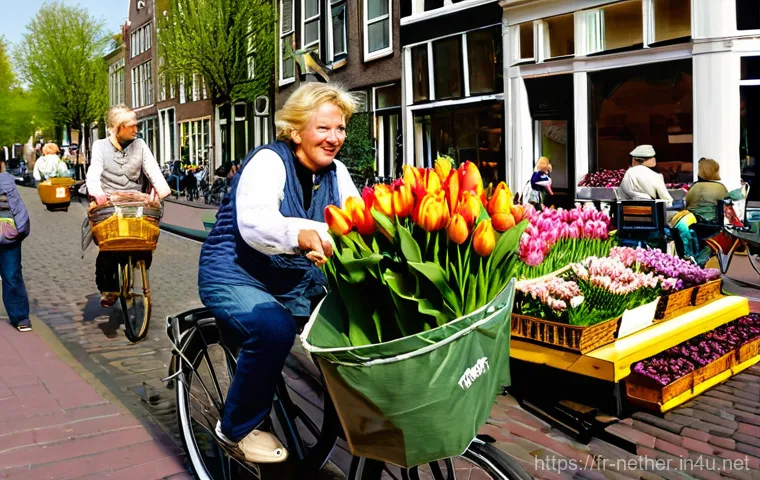 네덜란드에서 꽃을 저렴하게 구매하는 법 - **Prompt:** A vibrant, bustling outdoor flower market in a picturesque Dutch city like Utrecht or Ha...