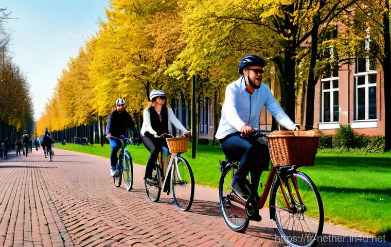 네덜란드에서 생활하며 느끼는 장점과 단점 - **Prompt:** A picturesque scene of Dutch cycling culture on a sunny autumn day. A diverse group of p...