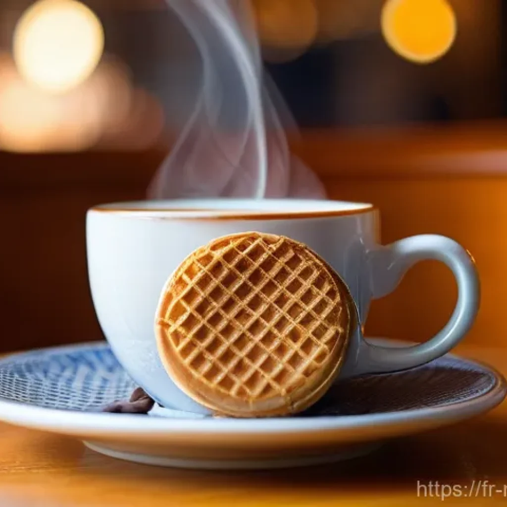 네덜란드에서 맛볼 수 있는 스트룹와플 이야기 - A close-up, appetizing photograph of a warm stroopwafel gently placed on top of a steaming, rustic c...