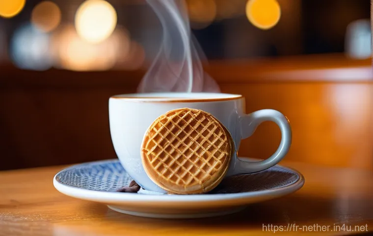 네덜란드에서 맛볼 수 있는 스트룹와플 이야기 - A close-up, appetizing photograph of a warm stroopwafel gently placed on top of a steaming, rustic c...