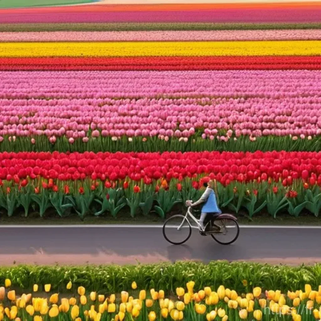 네덜란드 튤립 시즌 및 축제 일정 - **Prompt: Serene Bicycle Ride Through Vibrant Tulip Fields at Golden Hour**
"A picturesque, wide...