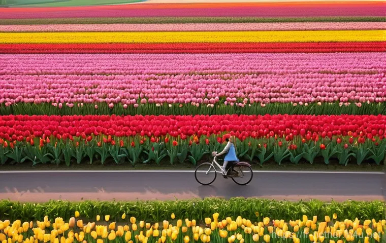 네덜란드 튤립 시즌 및 축제 일정 - **Prompt: Serene Bicycle Ride Through Vibrant Tulip Fields at Golden Hour**
"A picturesque, wide...