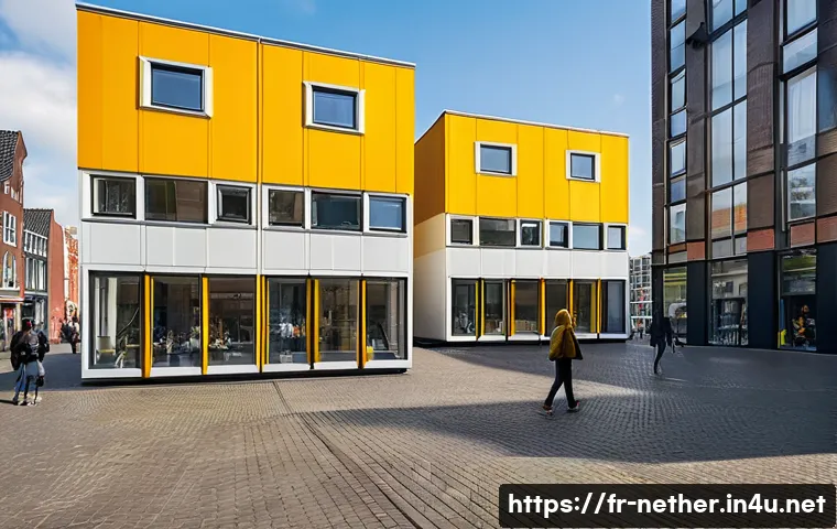 로테르담 건축 명소 추천 - A striking urban scene featuring the iconic Cube Houses of Rotterdam designed by Piet Blom, showcasi...