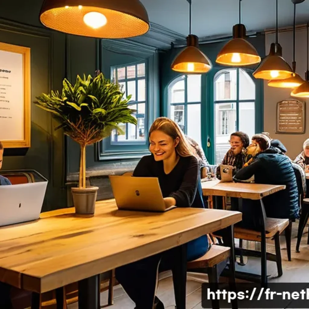 네덜란드에서 와이파이 사용하기 - A cozy Dutch caf&eacute; interior bustling with diverse customers using laptops and smartphones, enjoying f...