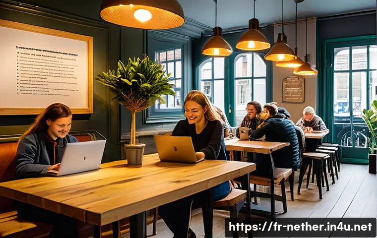 네덜란드에서 와이파이 사용하기 - A cozy Dutch café interior bustling with diverse customers using laptops and smartphones, enjoying f...