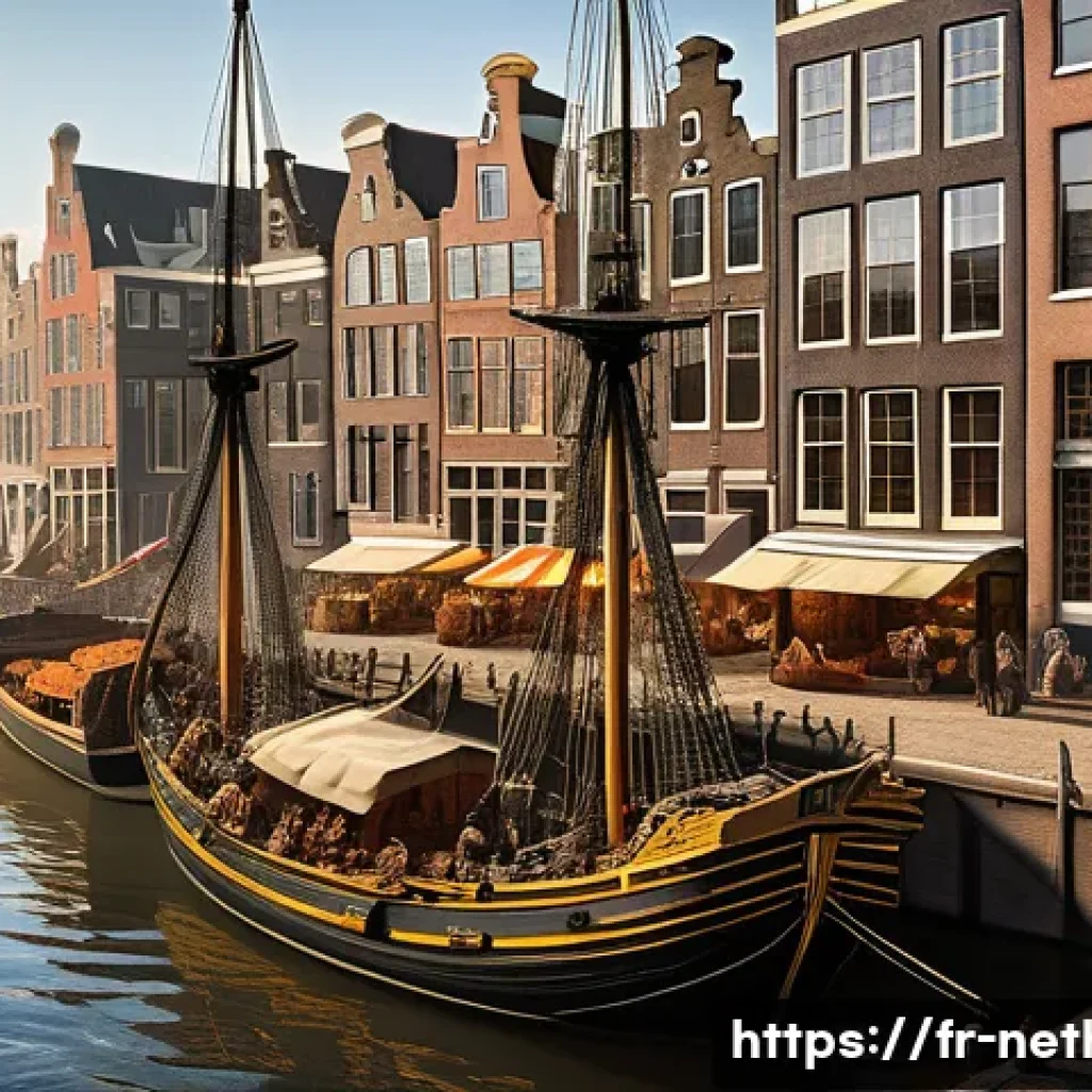 네덜란드 황금시대란 무엇인가 - A bustling 17th-century Amsterdam harbor scene during the Dutch Golden Age, featuring detailed woode...
