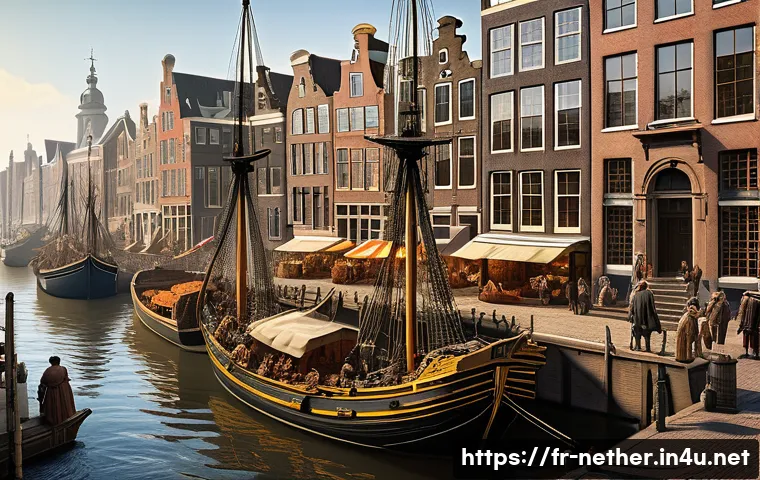 네덜란드 황금시대란 무엇인가 - A bustling 17th-century Amsterdam harbor scene during the Dutch Golden Age, featuring detailed woode...