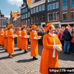 Home 22 네덜란드 국왕과 왕실에 대한 정보 - A vibrant and festive scene of King’s Day in the Netherlands, showing a diverse crowd of Dutch citiz...