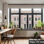 Home 21 네덜란드에서 한 달 생활비 예상 - A cozy Amsterdam apartment interior showing a modern small studio with Scandinavian-style furniture,...