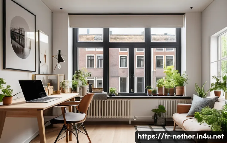 네덜란드에서 한 달 생활비 예상 - A cozy Amsterdam apartment interior showing a modern small studio with Scandinavian-style furniture,...