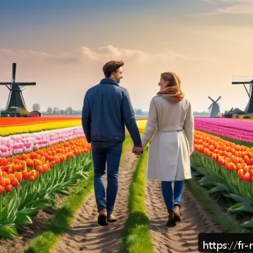 Home 31 네덜란드에서 유명한 커플 여행지 - A romantic spring scene in the Dutch countryside featuring a couple walking hand in hand through end...