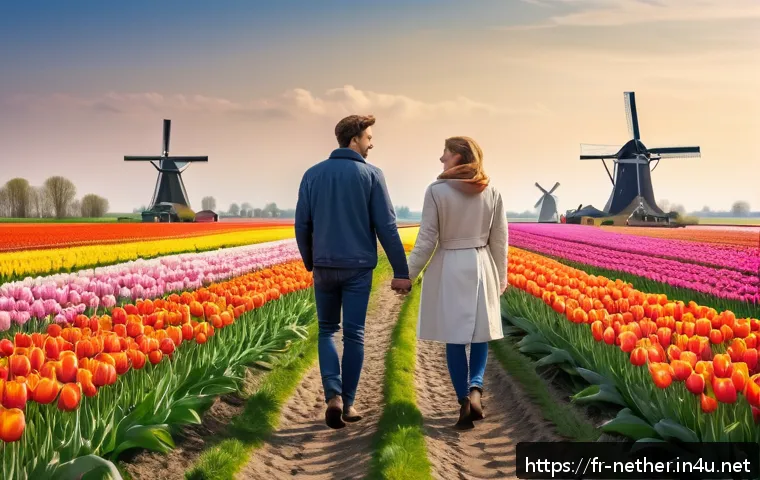 네덜란드에서 유명한 커플 여행지 - A romantic spring scene in the Dutch countryside featuring a couple walking hand in hand through end...
