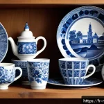 Home 18 네덜란드에서 추천하는 기념품 - A handcrafted Delft ceramic collection displayed elegantly on a wooden shelf, featuring classic whit...