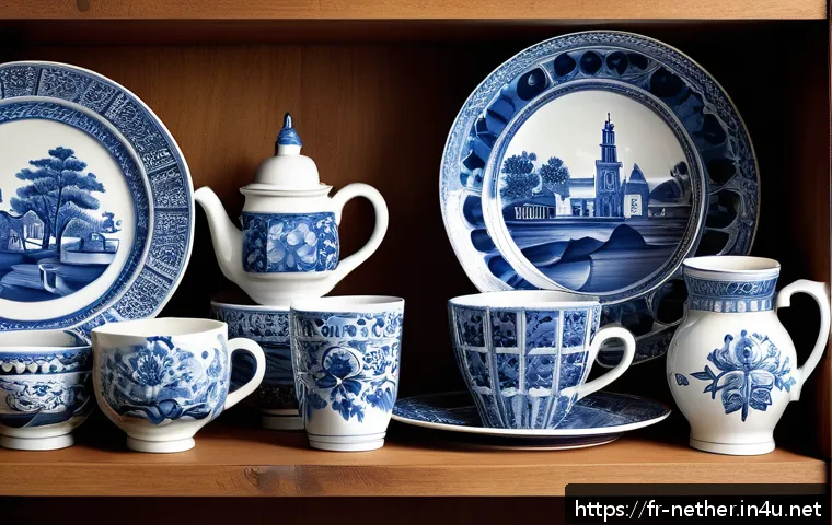 네덜란드에서 추천하는 기념품 - A handcrafted Delft ceramic collection displayed elegantly on a wooden shelf, featuring classic whit...