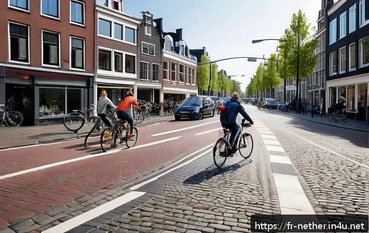 네덜란드에서 주의해야 할 법률 - A detailed urban street scene in the Netherlands showing a busy intersection with cars patiently wai...