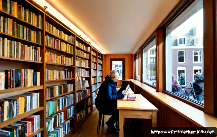 네덜란드에서 인기 있는 독립 서점 - Photorealistic interior of a beloved independent bookstore in Amsterdam, tall wooden shelves packed ...